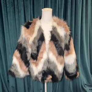 Small June & Hudson Faux Fur Jacket Grey, Black, White, Tan Stripe